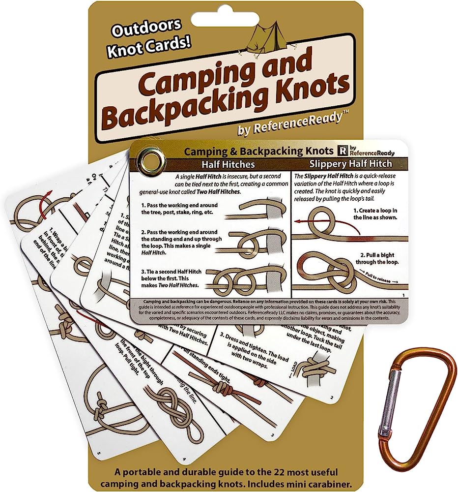 Outdoor Knots - Waterproof Knot Tying Cards with Mini Carabiner - Includes 22 Rope Knots for Camping, Backpacking,  Scouting Scenarios